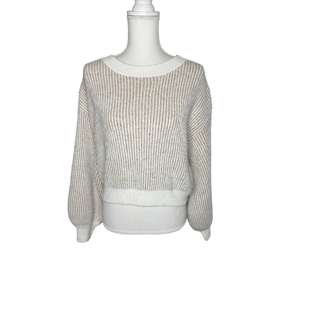 Cleobella Natalia Tan Cream Striped Cropped Balloon Sleeve Knit Sweater Large